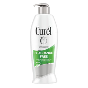 Curel daily moisture fragrance-free lotion bottle shown for dry skin hydration