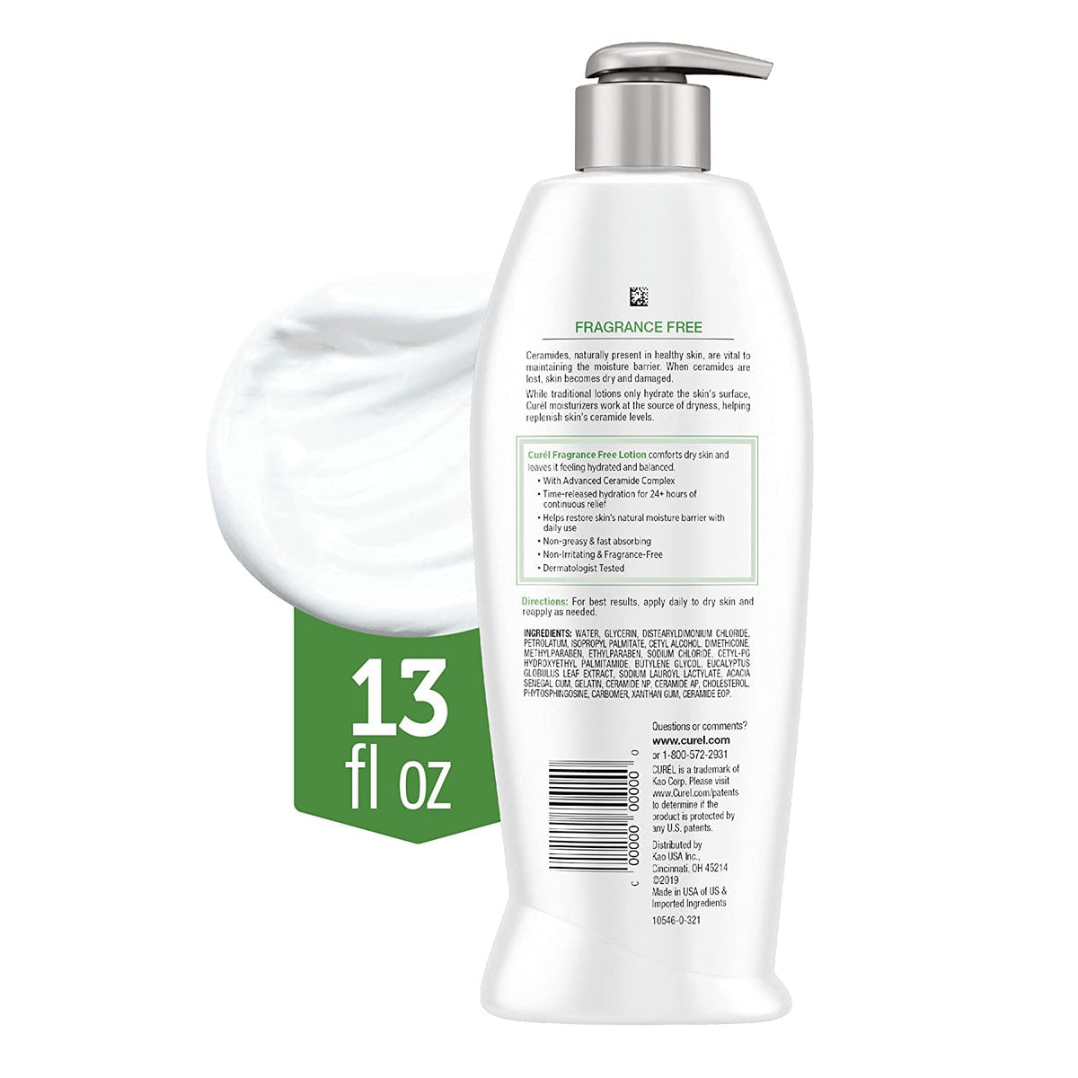 Ingredients panel on Curel lotion bottle emphasizes fragrance-free chemistry