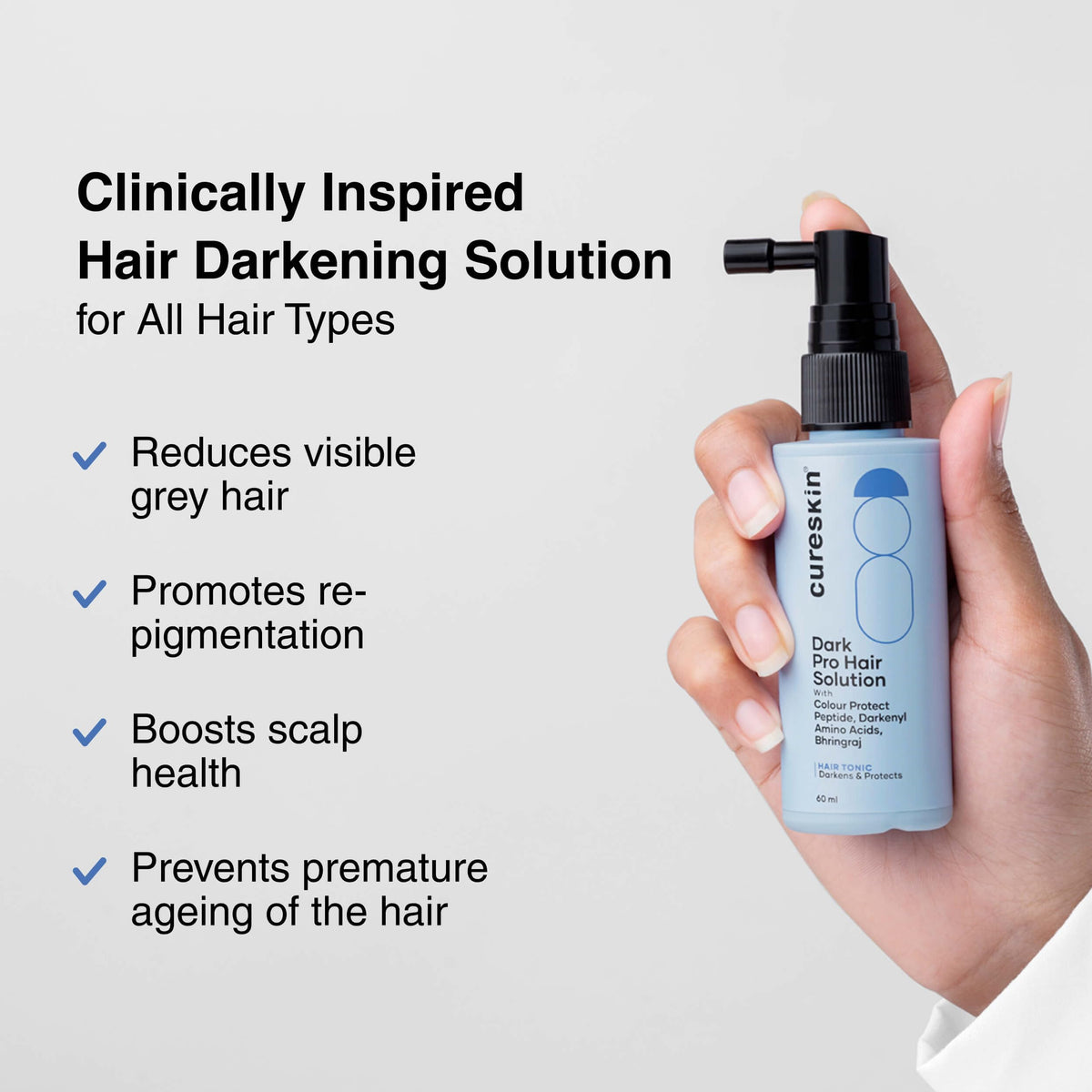 Cureskin Anti Grey Hair Serum pump-dispense image highlighting easy application