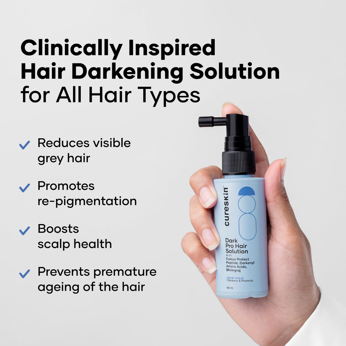 Cureskin Anti Grey Hair Serum label highlighting key ingredients for color support.