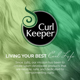 Brand emblem and packaging showcasing Curl Keeper's curl-focused line.