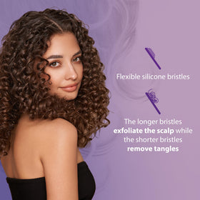 Curl Keeper Flexy Brush close-up shows silicone bristles exfoliating scalp.