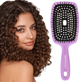 Curl Keeper Flexy Brush in purple, front view, smooth detangling for curls.