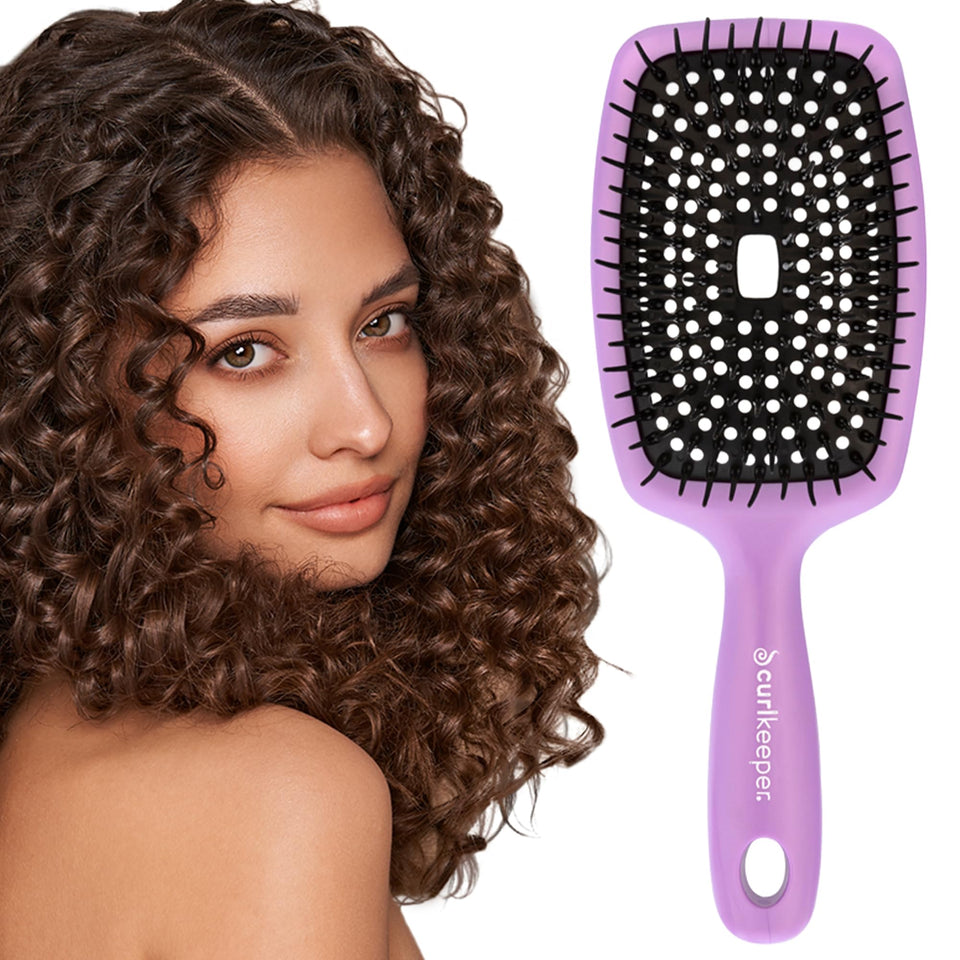 Curl Keeper Flexy Brush in purple, front view, smooth detangling for curls.