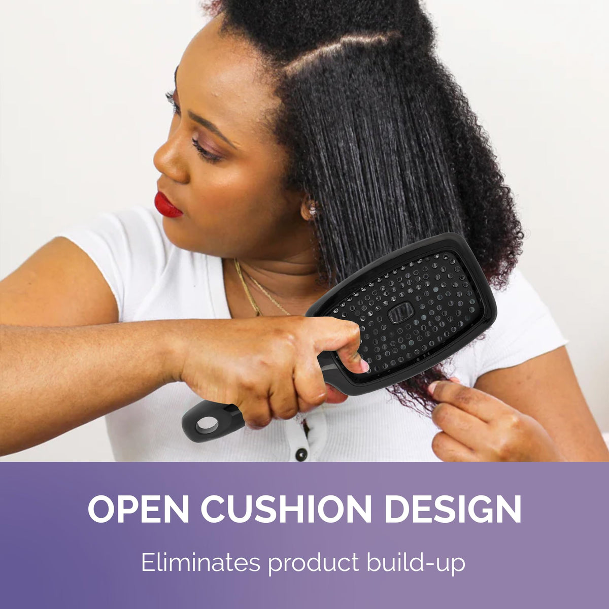 Open cushion design on Curl Keeper Flexy Brush in purple for shower use.