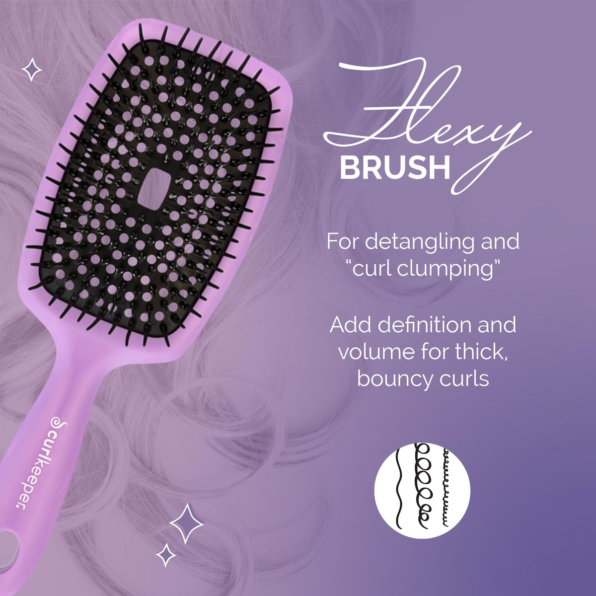 Purple Flexy Brush side view highlighting flexible bristles for gentle detangling.