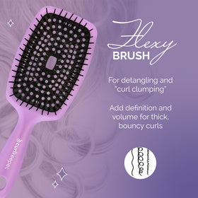 Purple Flexy Brush side view highlighting flexible bristles for gentle detangling.