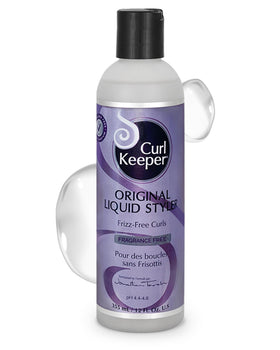 Curl Keeper Original Liquid Styler frizz-control bottle showcases lightweight definition for humid days.