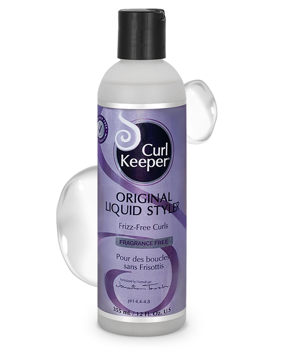 Curl Keeper Original Liquid Styler frizz-control bottle showcases lightweight definition for humid days.