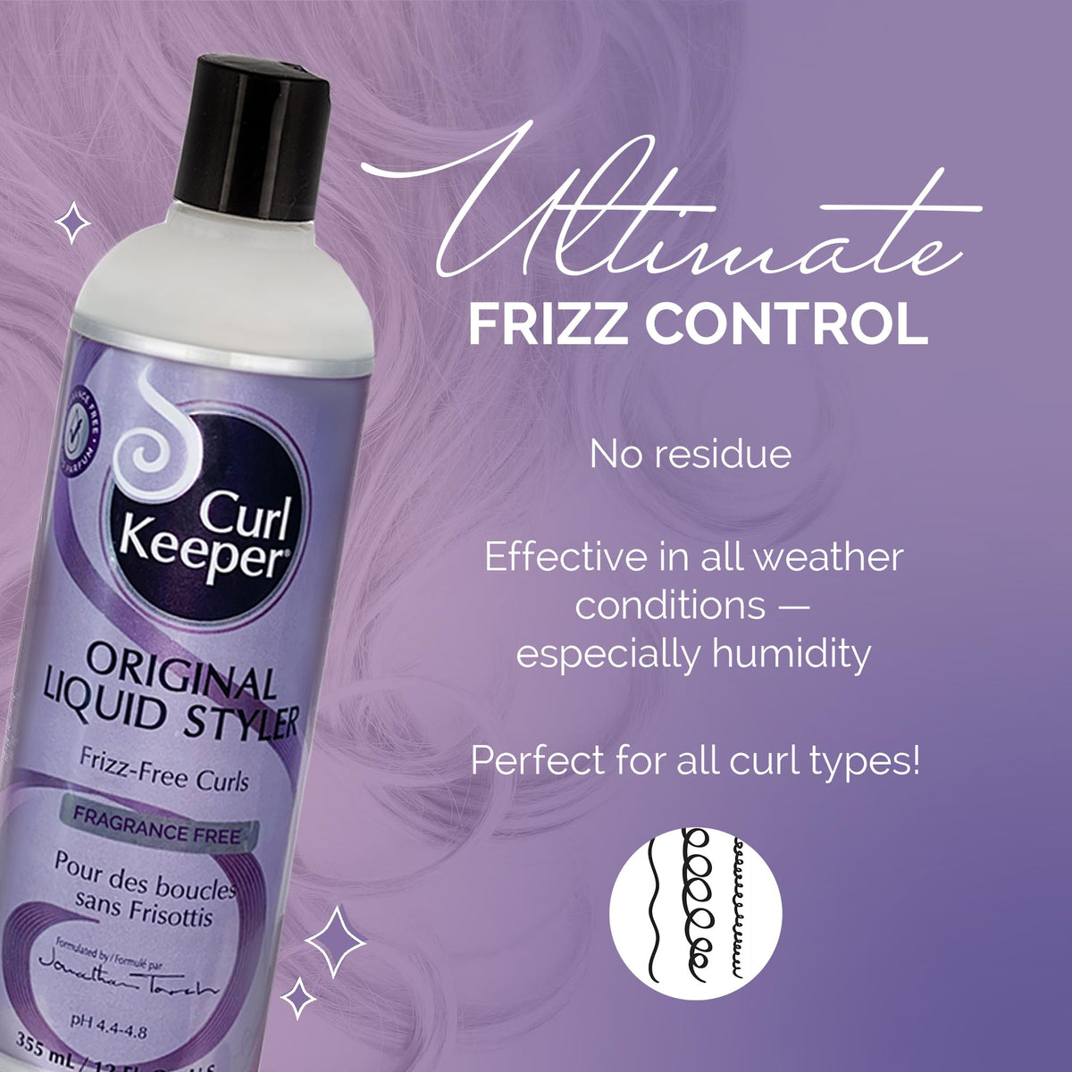 Curl Keeper Original Liquid Styler water-based formula bottle highlights easy reactivation with water.