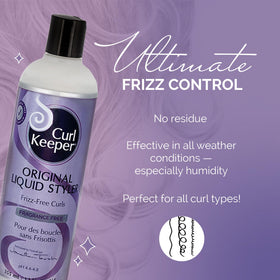 Curl Keeper Original Liquid Styler water-based formula bottle highlights easy reactivation with water.