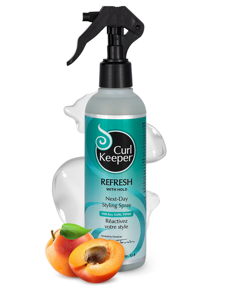 Curl Keeper Refresh bottle front view showing compact 8 oz size for easy curl touch-ups
