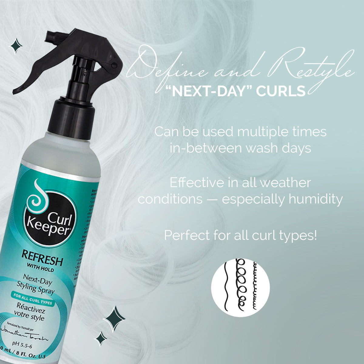Curl Keeper Refresh label close-up highlighting lightweight water-based formula