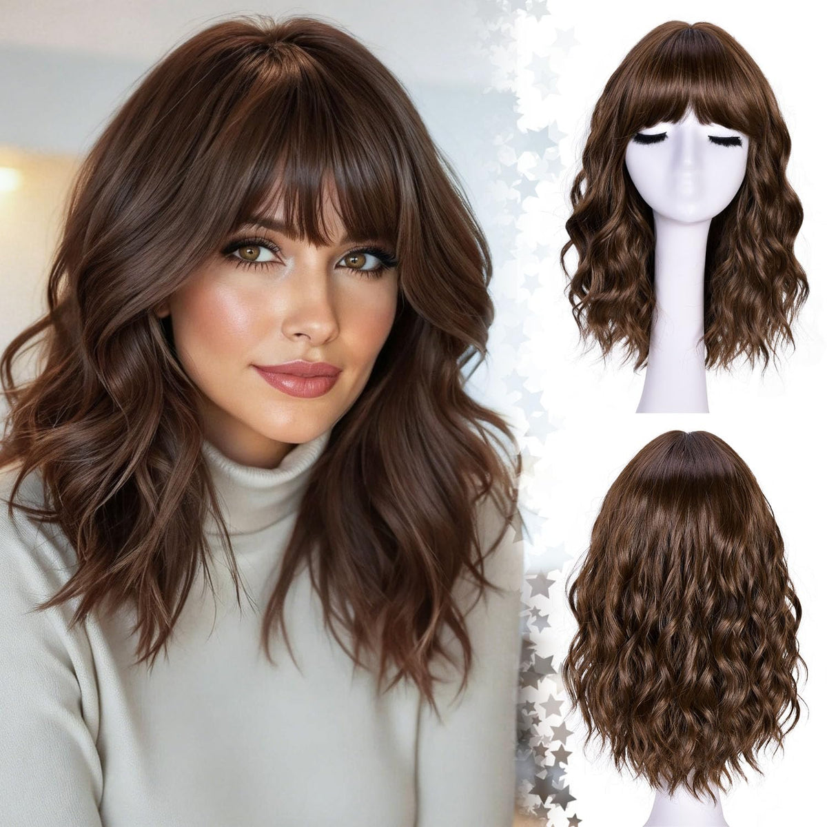 CurlCrazy short wavy wig with bangs in brown, breathable cap for everyday wear.