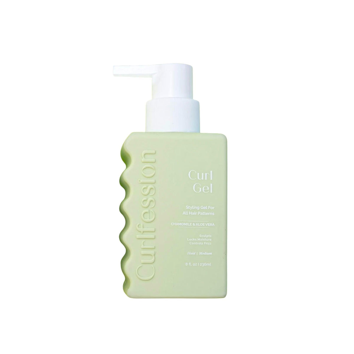 CurlFession Curl Gel bottle with defined curls and moisture.
