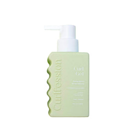 CurlFession Curl Gel bottle with defined curls and moisture.