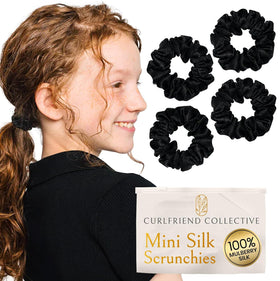 Curlfriend Collective mini mulberry silk scrunchies in Onyx Black four-pack for gentle, breakage-free curls.