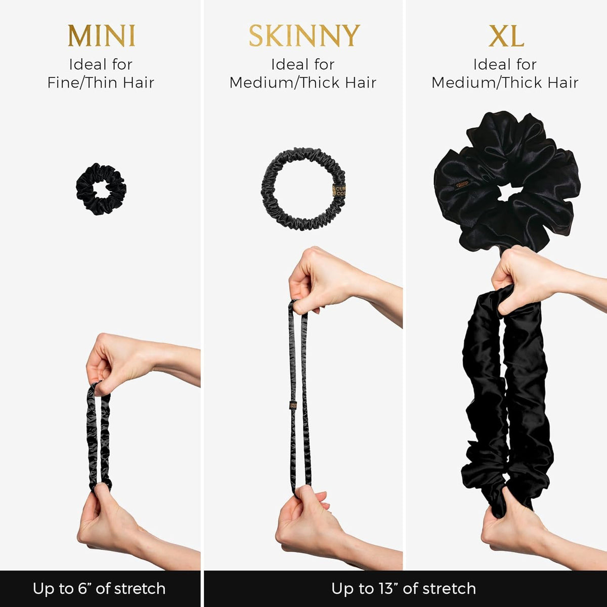 Close-up of Curlfriend Collective silk scrunchies showing secure stretch for ponytails.