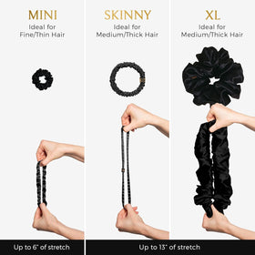 Close-up of Curlfriend Collective silk scrunchies showing secure stretch for ponytails.