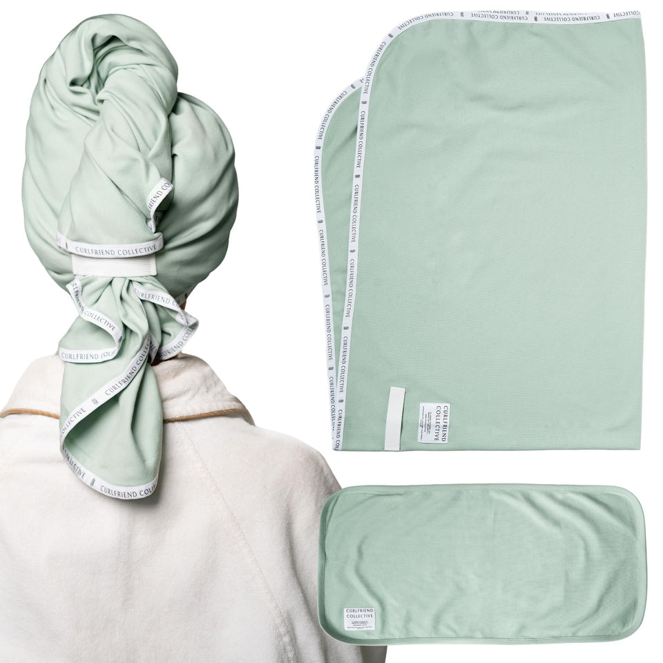 Curlfriend Collective Cotton Cloud Hair Towel Wrap Sage Day keeps long curls secure while drying