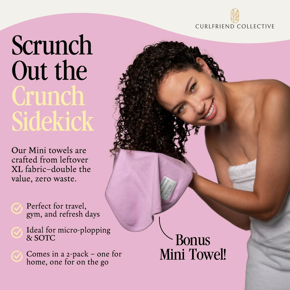 Curlfriend Collective Cotton Cloud T-Shirt Hair Towel secures long curls for post-shower wraps.