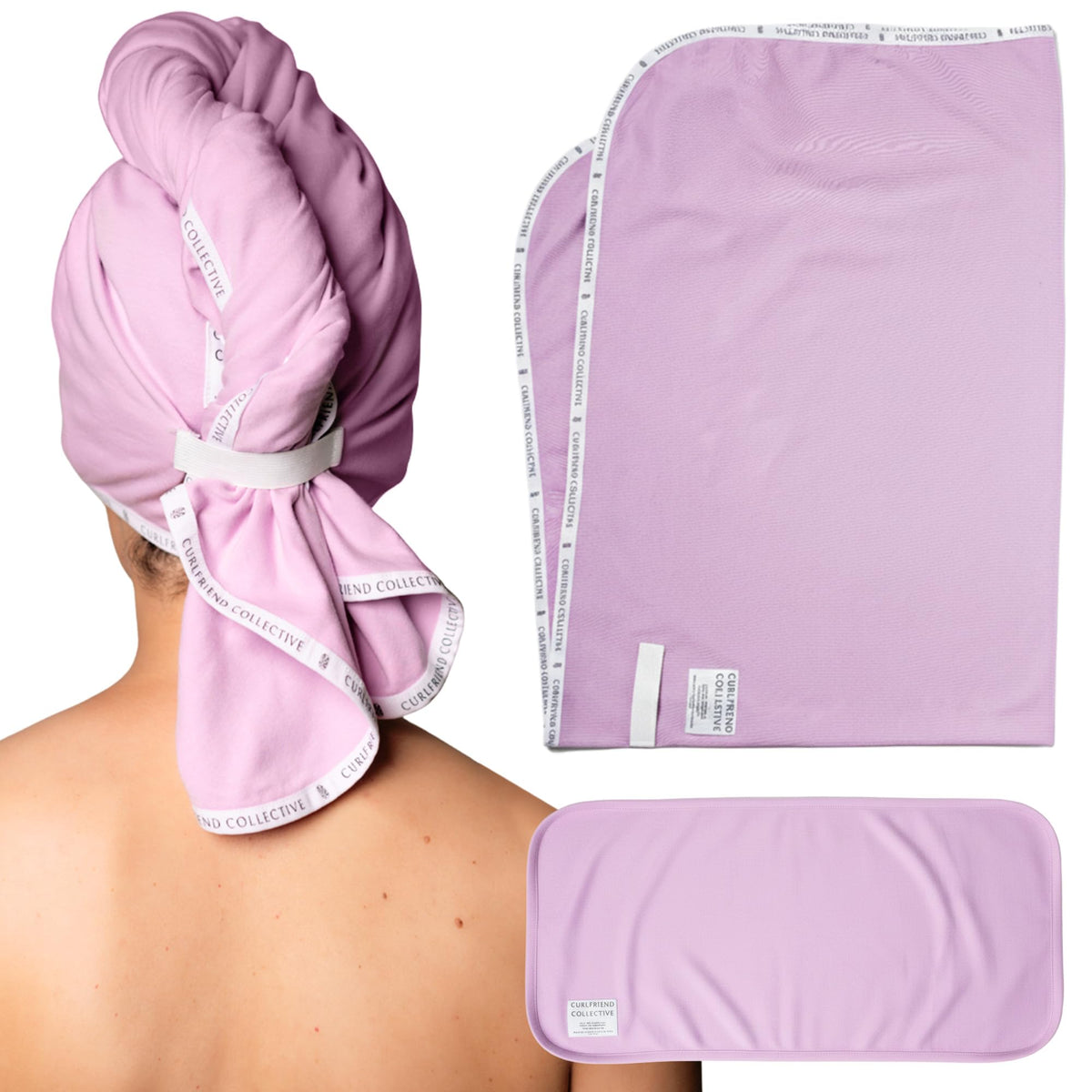 Curlfriend Collective Cotton Cloud T-Shirt Hair Towel XL wrap keeps long curls secure during drying.