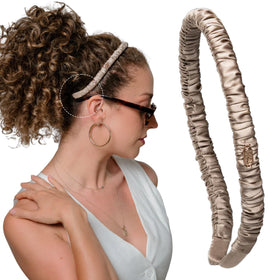 Curlfriend Collective Gray Daze headband with comfort curve design resting on smooth curls for no-slip wear