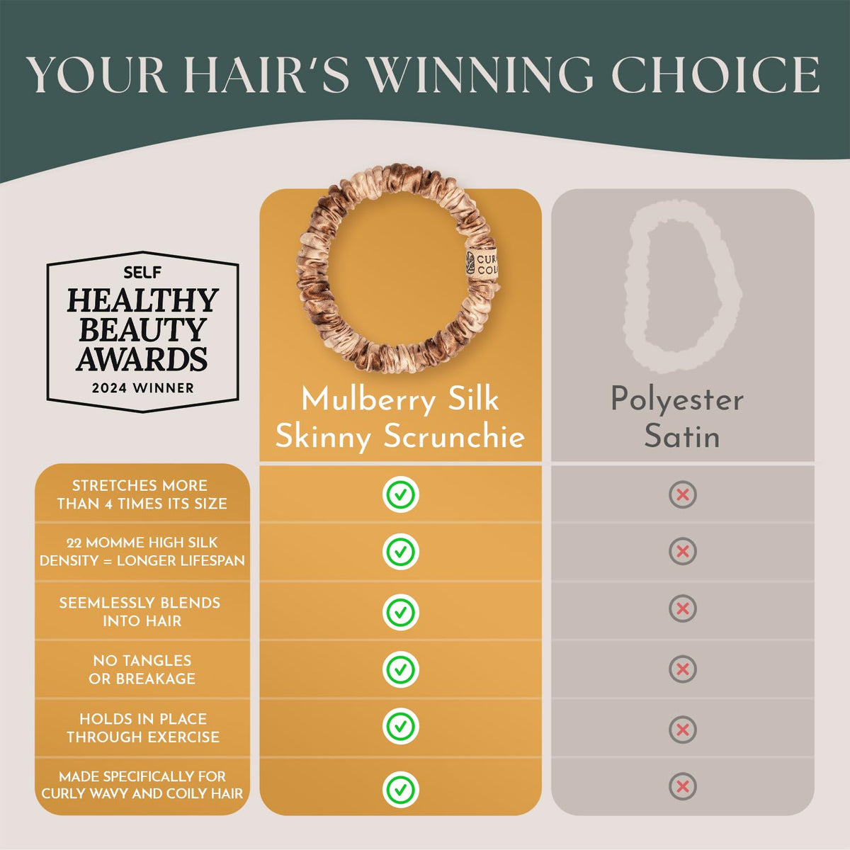 Curlfriend Collective honey to deep bronde silk scrunchie on hair blends color and protects strands