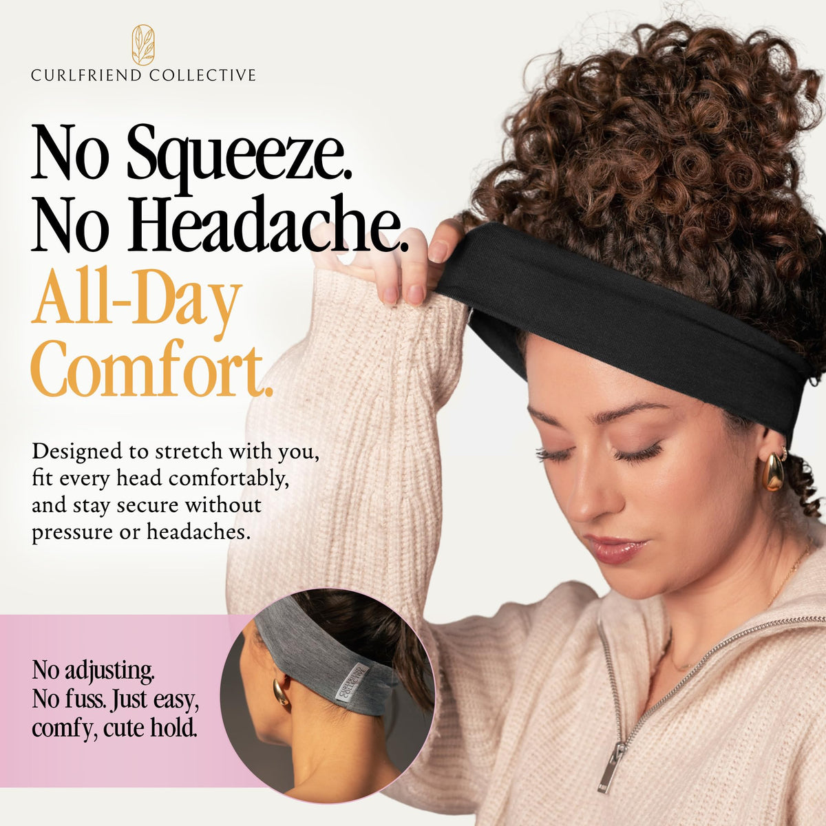Yoga studio scene shows Curlfriend Collective headband breathable fit for curls