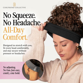 Yoga studio scene shows Curlfriend Collective headband breathable fit for curls