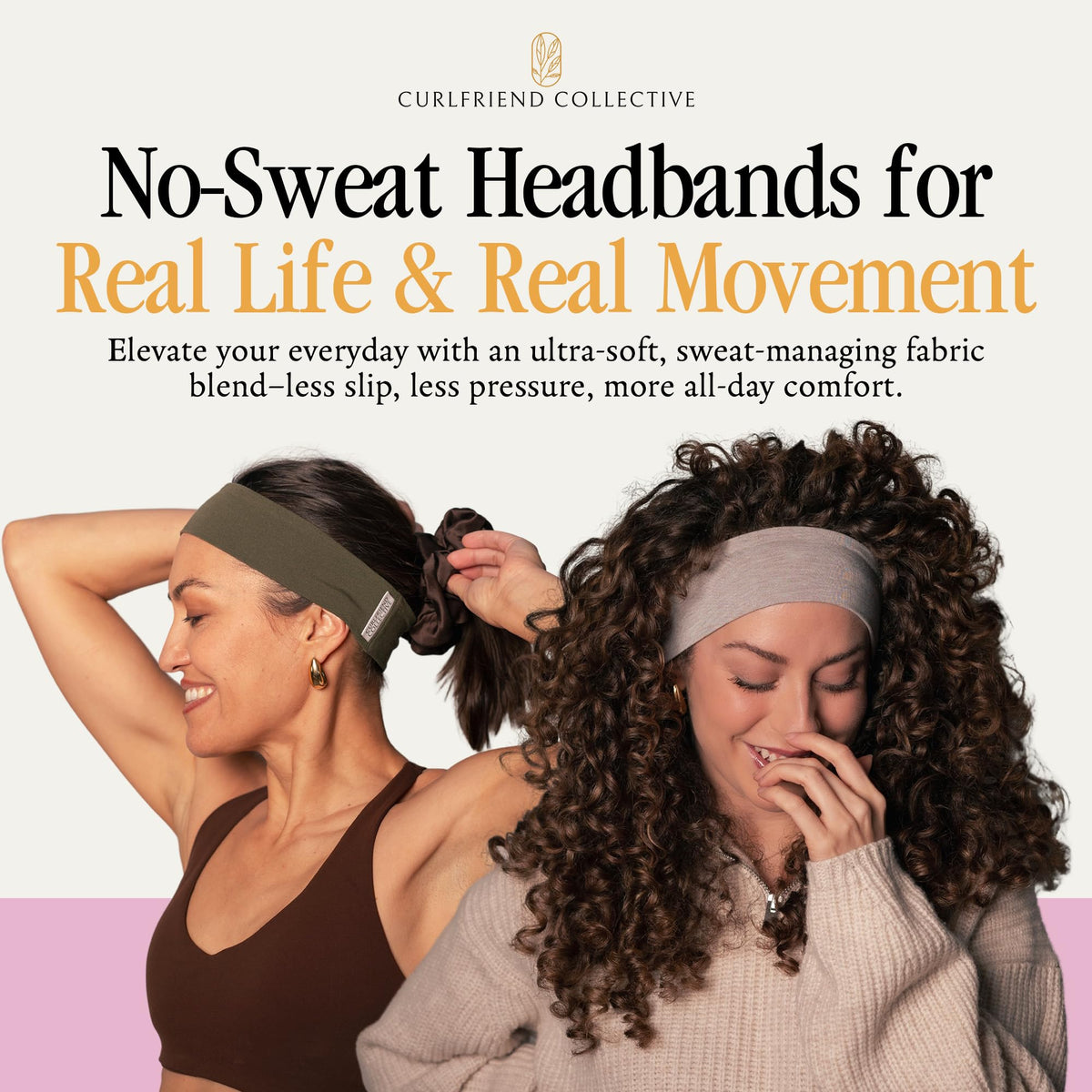 Curlfriend Collective No Sweat Headband worn on head for secure non-slip fit during workouts