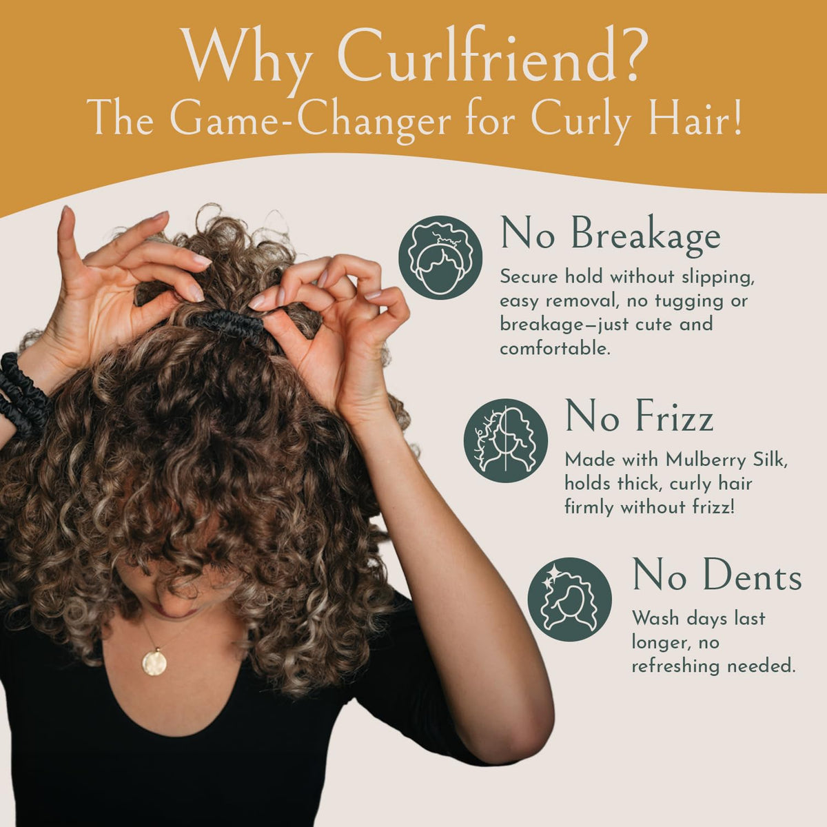 Curlfriend Collective sleep-friendly silk scrunchie shown for overnight wear and smooth locks