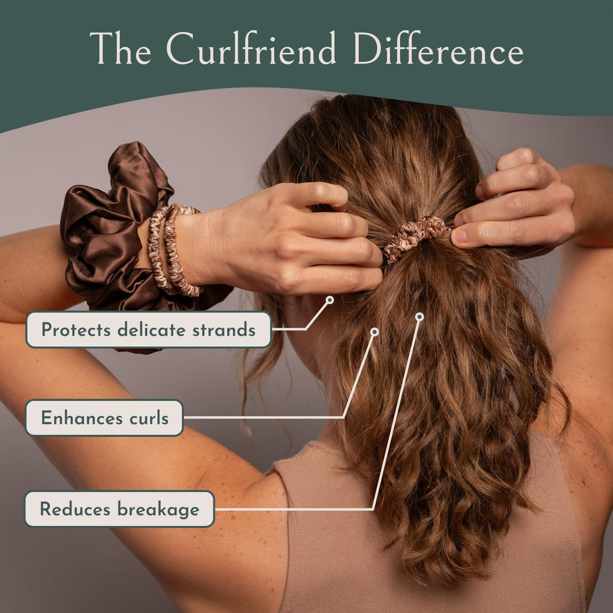 Curlfriend Collective stretchable hair tie demonstrates up to 13 inches for versatile ponytails
