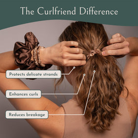 Curlfriend Collective stretchable hair tie demonstrates up to 13 inches for versatile ponytails