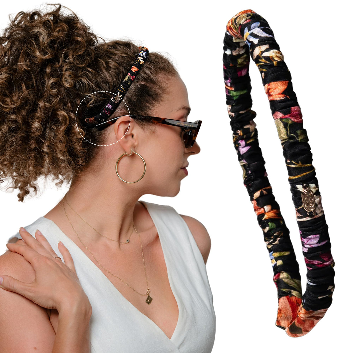 Curlfriend Collective Midnight Blooms silk headband closeup shows luxurious texture and gentle grip.