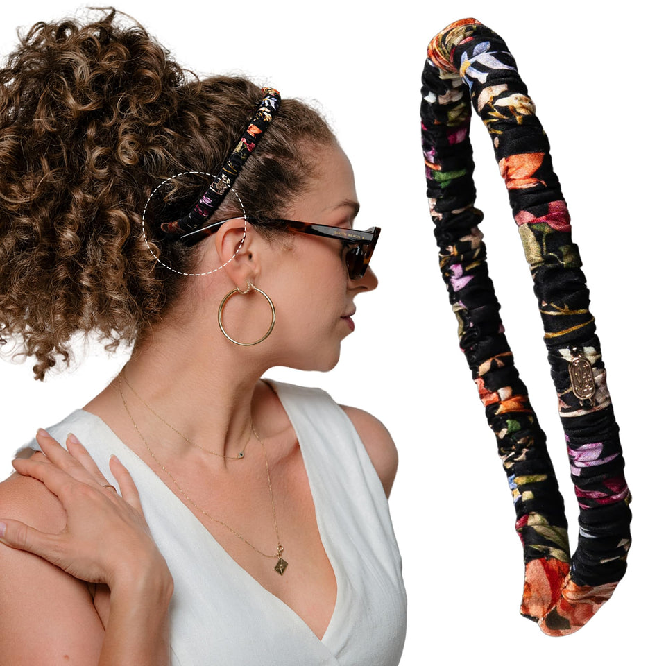 Curlfriend Collective Midnight Blooms silk headband closeup shows luxurious texture and gentle grip.