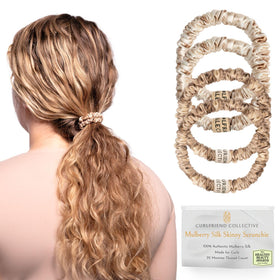 Curlfriend Collective mulberry silk skinny scrunchie in platinum offers a gentle hold for curls all day