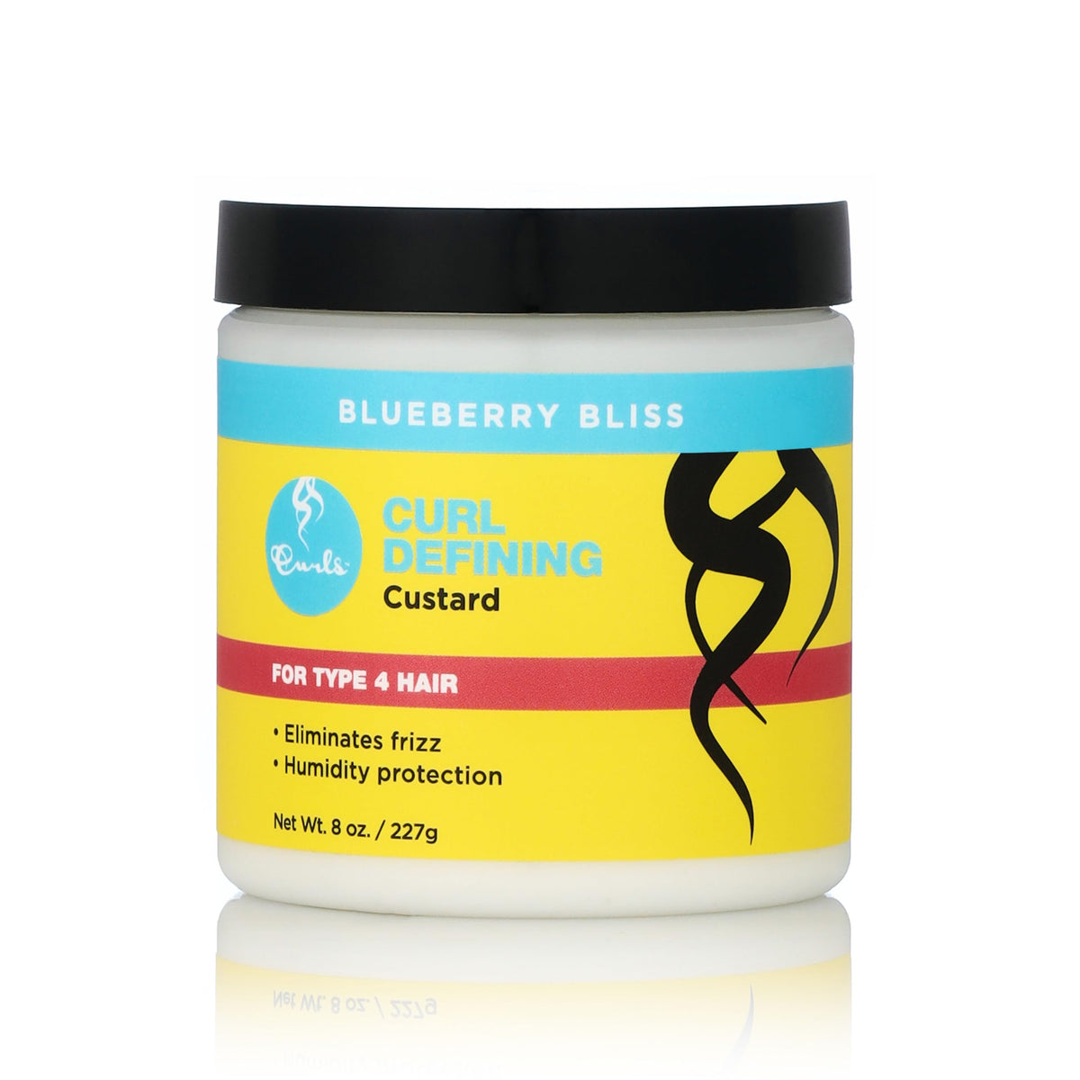 Curls Blueberry Bliss custard jar defining curls with frizz control and humidity protection.