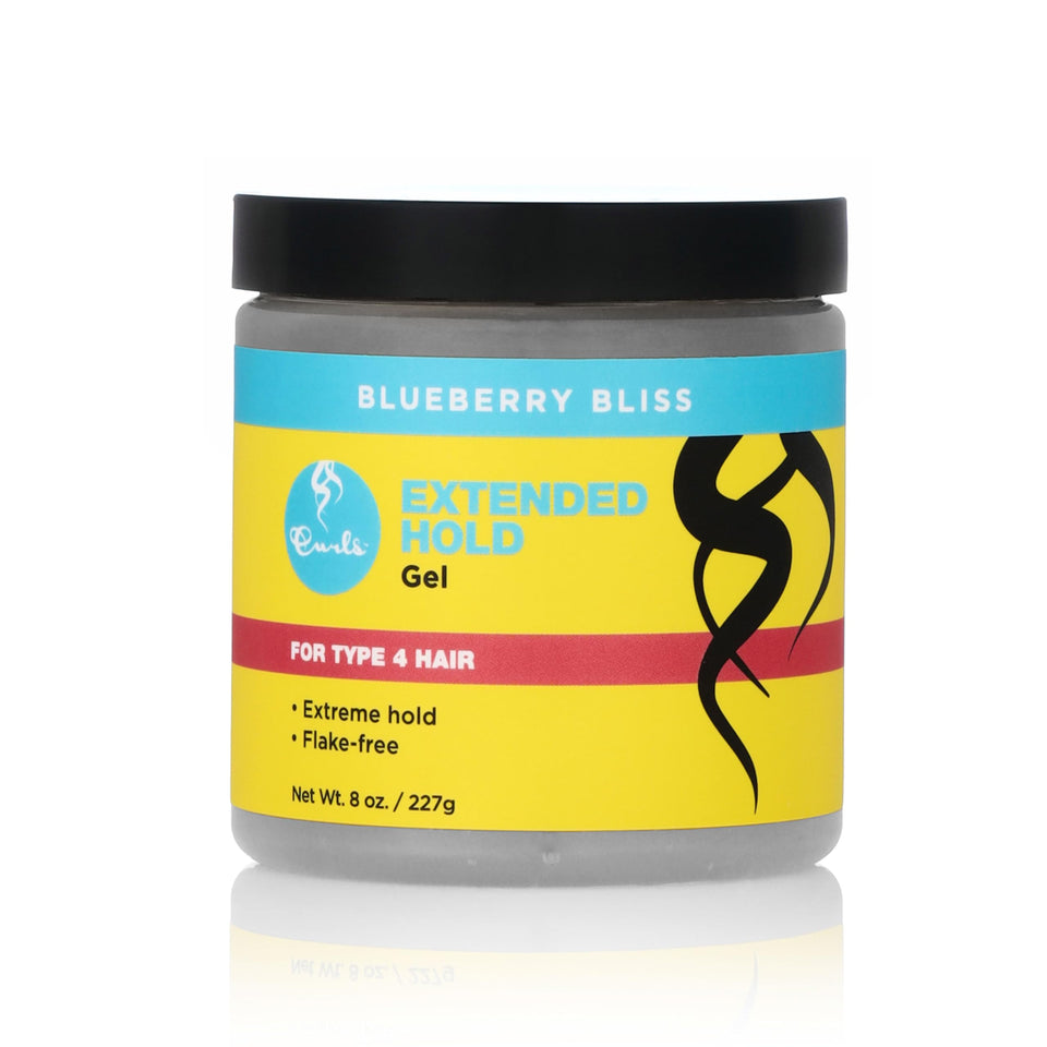 Curls Blueberry Bliss Extended Hold Gel bottle shows strong, flake-free hold.