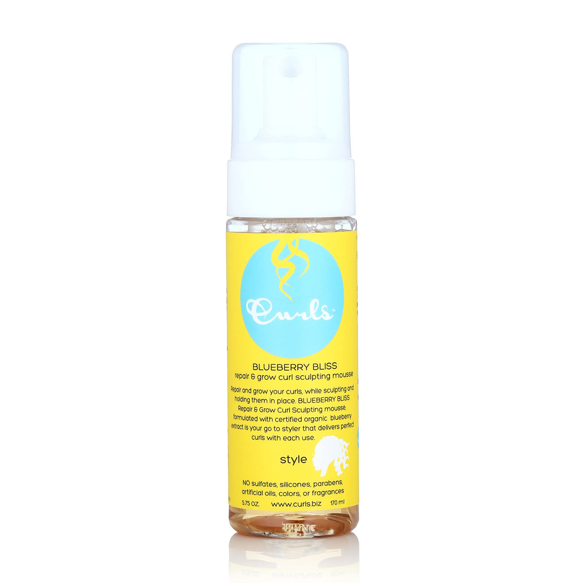 Curls Blueberry Bliss Sculpting Mousse bottle with easy-pour action for mess-free styling.