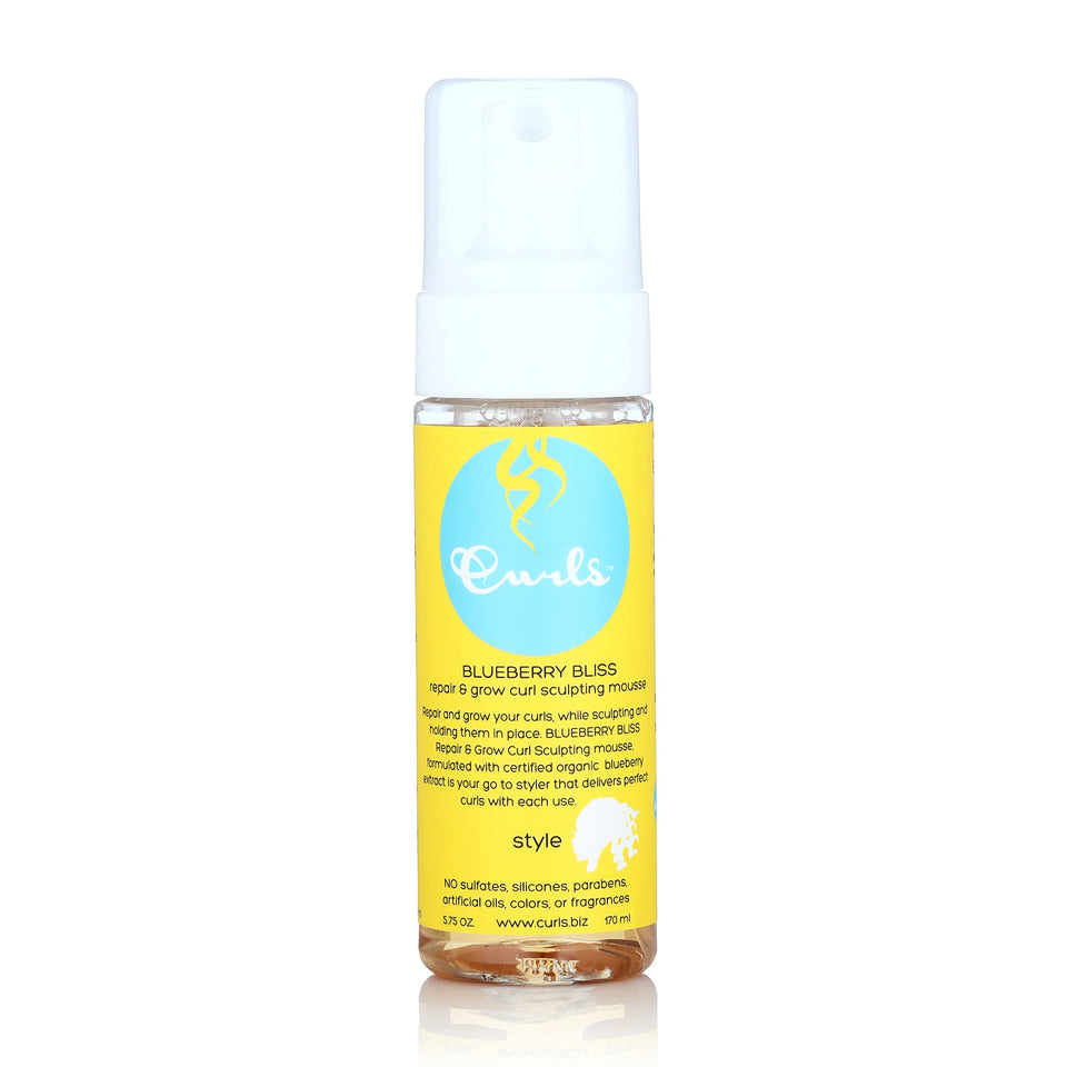 Curls Blueberry Bliss Sculpting Mousse bottle with easy-pour action for mess-free styling.