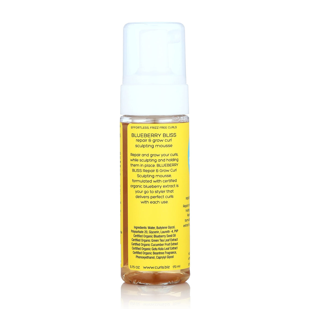 Curls Blueberry Bliss Sculpting Mousse on hair provides voluminous, soft definition for wash-and-go.