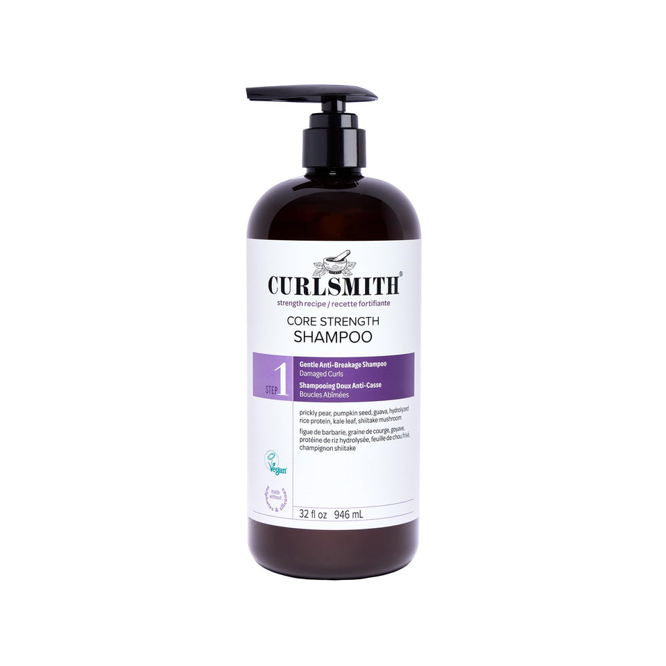 Curlsmith Core Strength Shampoo bottle, gentle daily cleanser for all curl types.