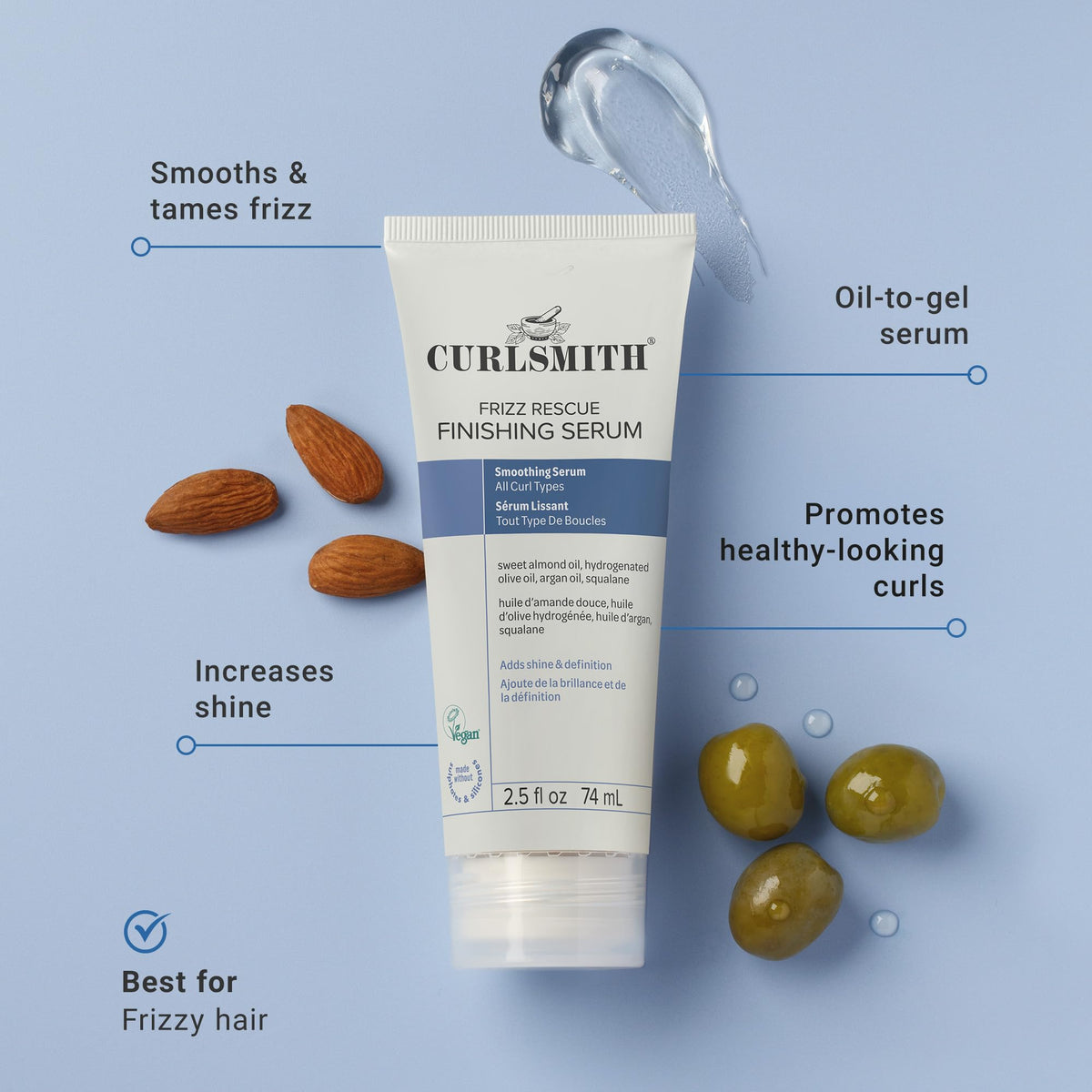 CurlSmith Frizz Rescue finishing serum cap-pump demonstrates easy dispensing for controlled frizz management
