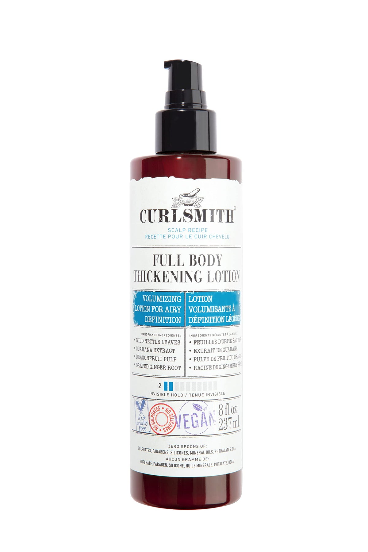 Curlsmith Full Body Thickening Lotion bottle shows lightweight formula for instant volume