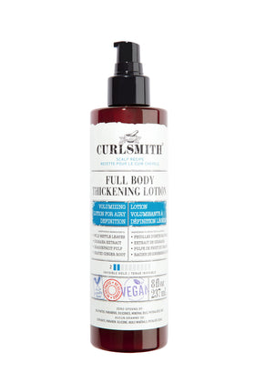 Curlsmith Full Body Thickening Lotion bottle shows lightweight formula for instant volume