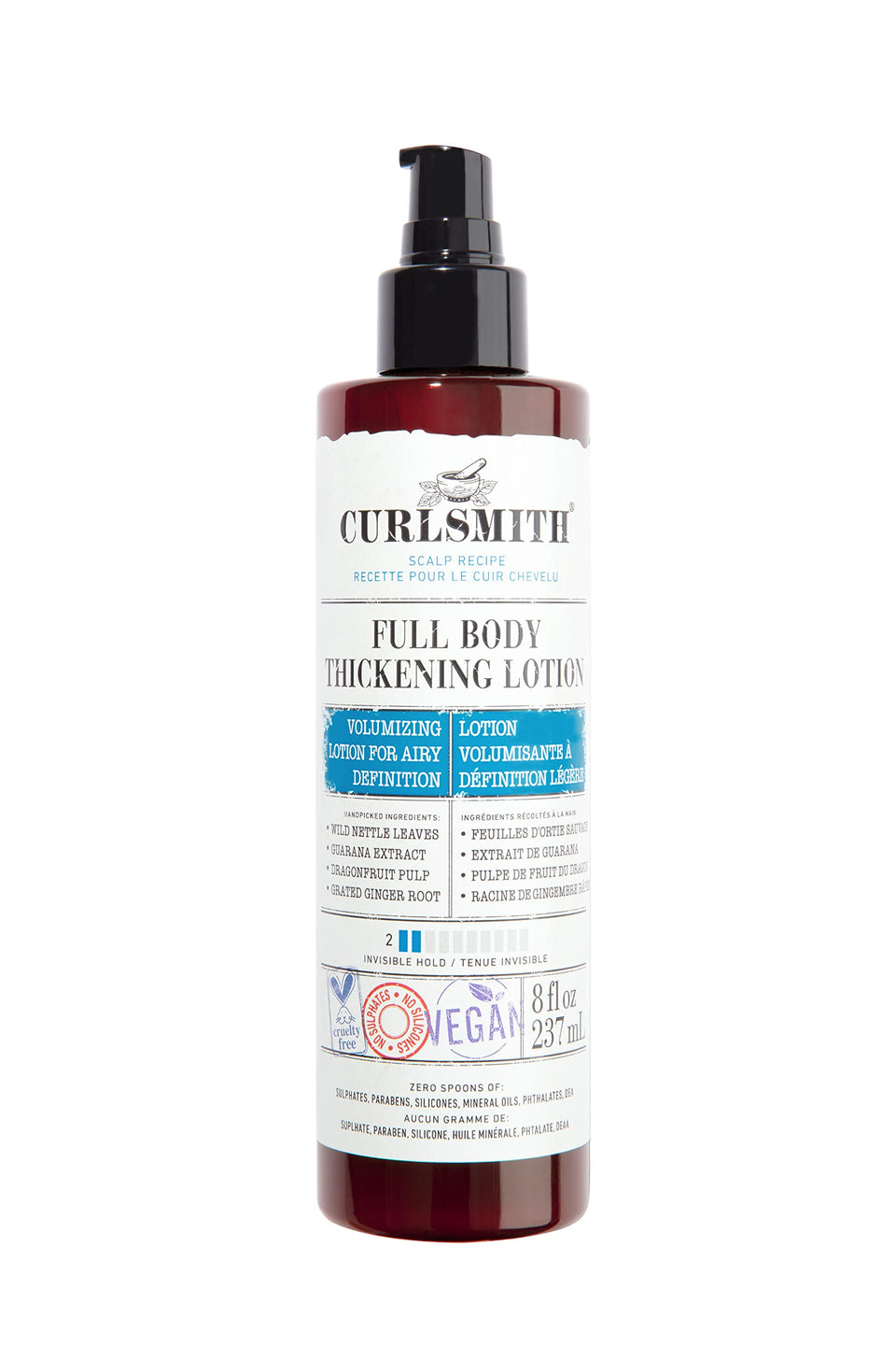 Curlsmith Full Body Thickening Lotion bottle shows lightweight formula for instant volume