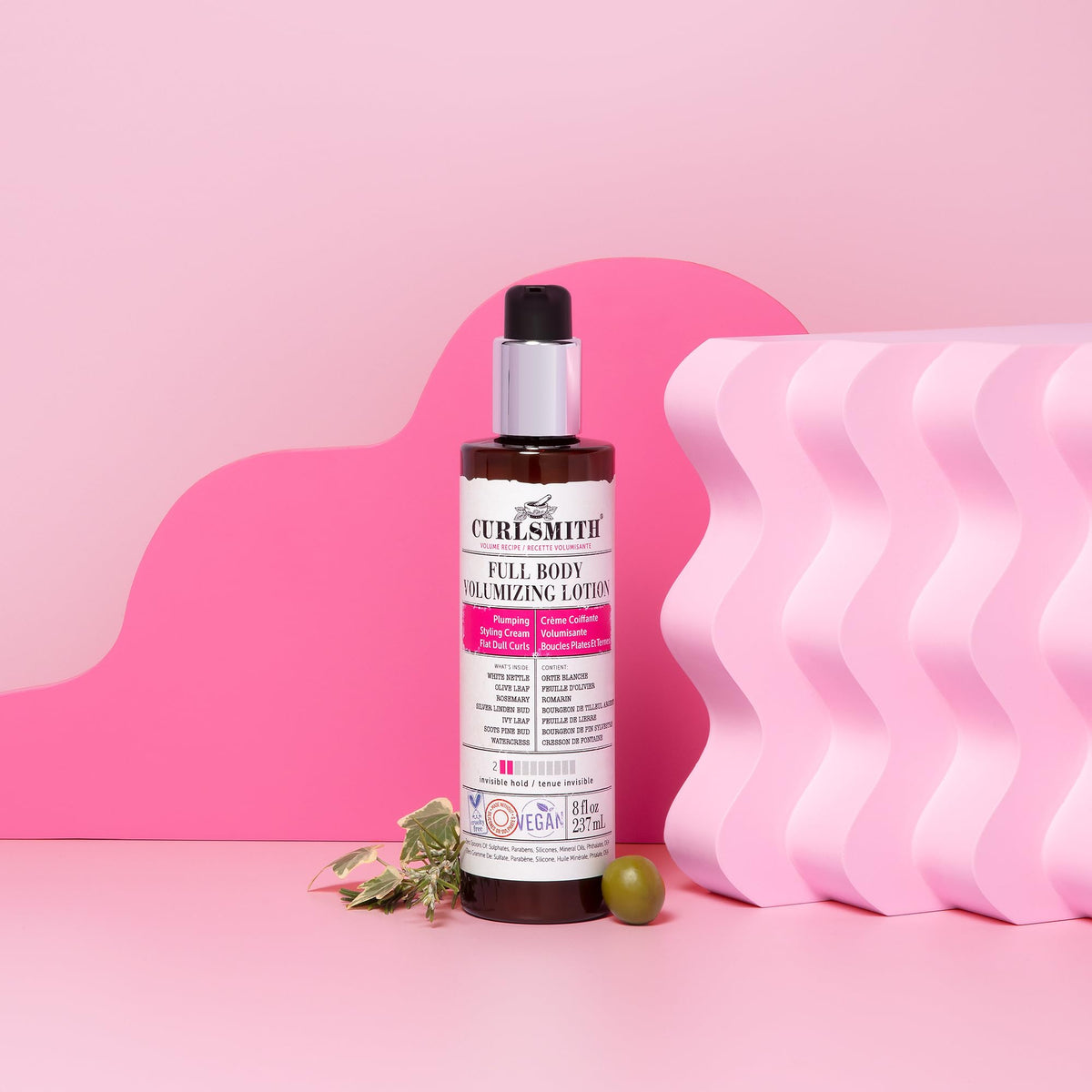CURLSMITH olive stem cell extract and Linden buds boost volume.