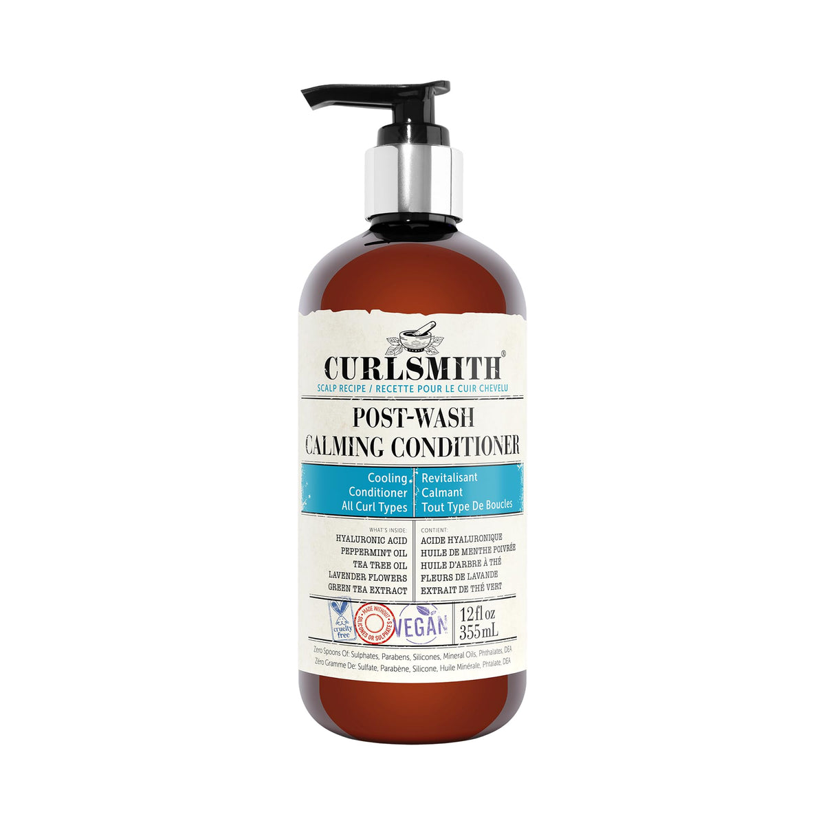 Curlsmith Post-Wash Calming Conditioner bottle close-up; cooling scalp soothes after clarifying.