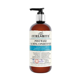 Curlsmith Post-Wash Calming Conditioner bottle close-up; cooling scalp soothes after clarifying.